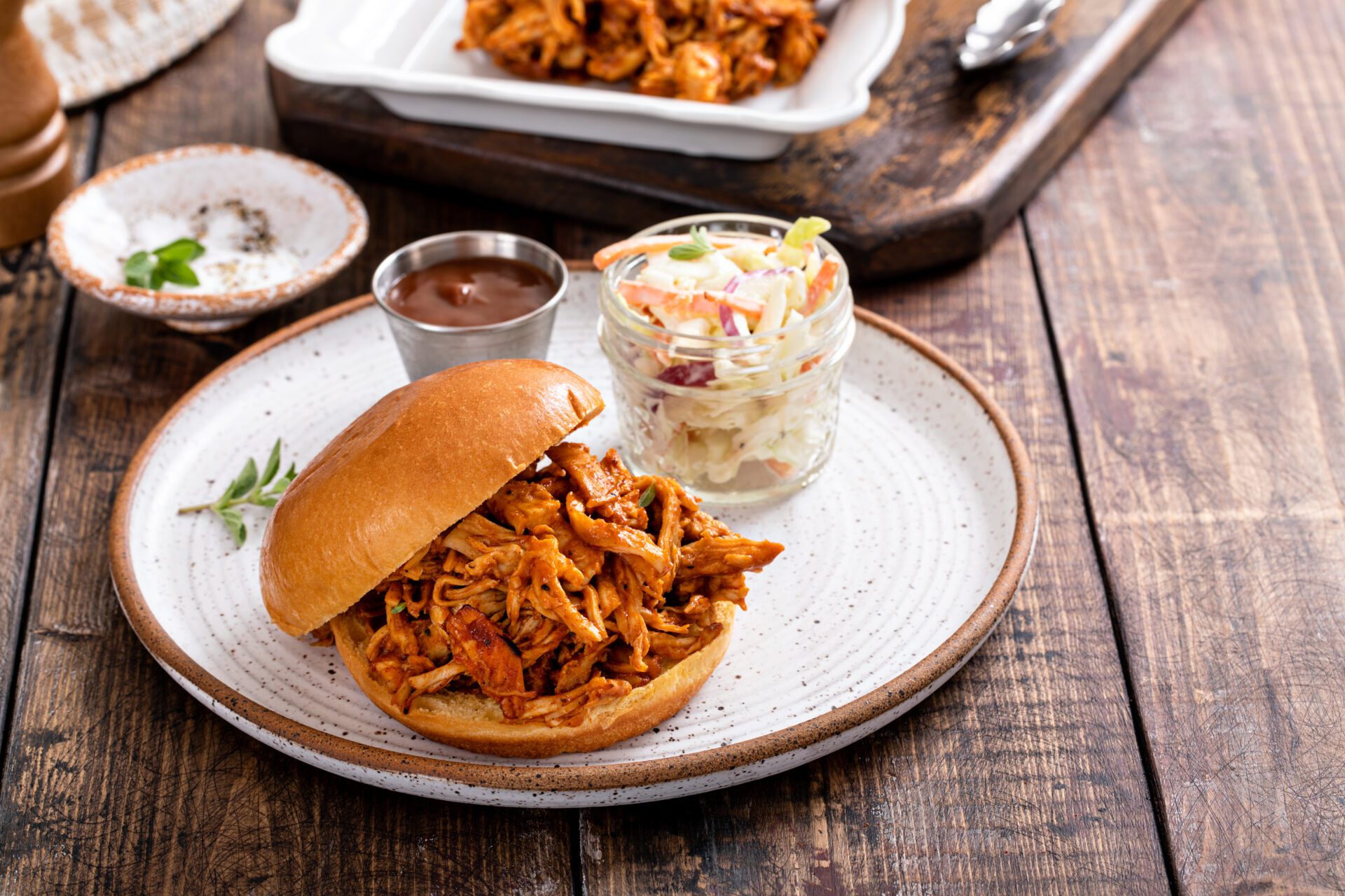 Pulled bbq chicken on a brioche bun Breakfast